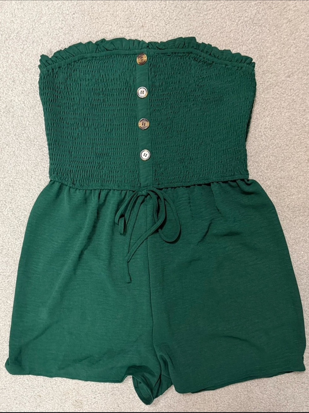 NWT Dark Green Strapless Smocked Romper with Buttons